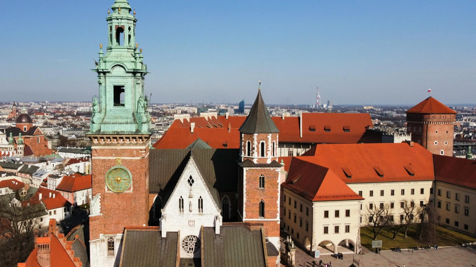 Aerial shot of historic Wawel Royal Castle and grounds in Kraków
